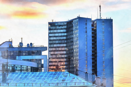 Colorful painting of modern office building at sunset