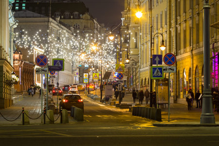 RUSSIA, MOSCOW - JANUARY 16, 2018: The city beautiful christmas street illumination on New Year...