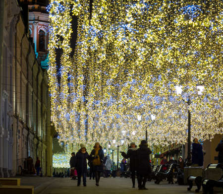 RUSSIA, MOSCOW - JANUARY 16, 2018: The city beautiful christmas street illumination on New Year holidayのeditorial素材