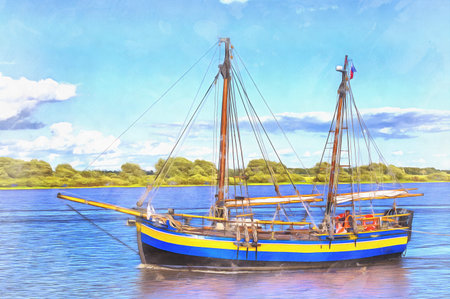 Sailing ship colorful painting, Lake Ilmen, Veliky Novgorod, Russia.