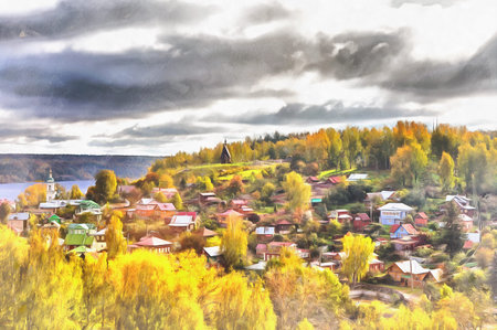 Cityscape of Plyos colorful painting, Ivanovo region, Russia.の写真素材