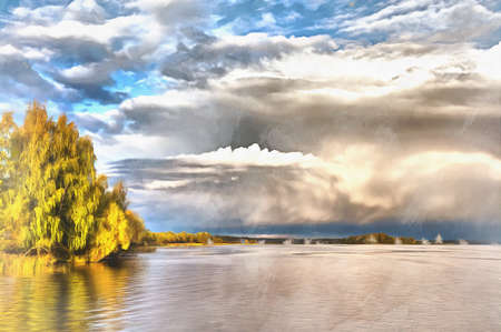 Volga river colorful painting, Kostroma region, Russia.の写真素材