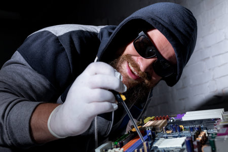 Bearded hacker in sunglasses and hoodie cracking the hardware