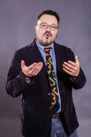 Solid cheerful man in spectacles emotional portrait