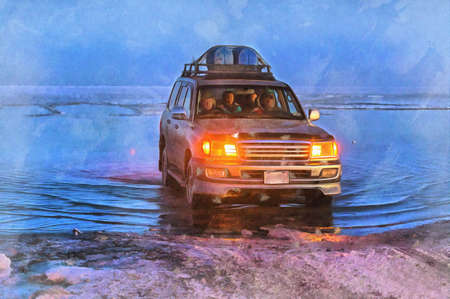 Car riding across water colorful painting looks like picture.の写真素材