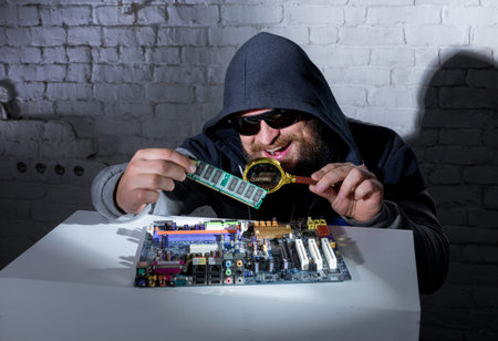 Bearded hacker in sunglasses and hoodie cracking the hardware