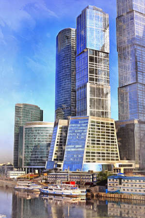 High office building, colorful painting looks like picture, Moscow City, Moscow, Russia.の写真素材