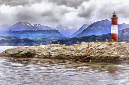 Beautiful landscape with beacon and mountains on background colorful painting looks like picture, Tierra del Fuego National park, Argentina.の写真素材
