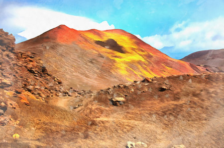 View on Tolbachik volcano colorful painting, Kamchatka Peninsula, Russia.