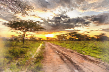 Savanna landscape colorful painting looks like picture, Tanzania, East Africa.の写真素材