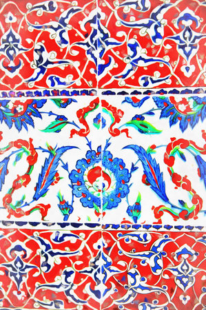 Traditional oriental ceramic tile ornament colorful painting looks like picture, Istanbul, Turkey