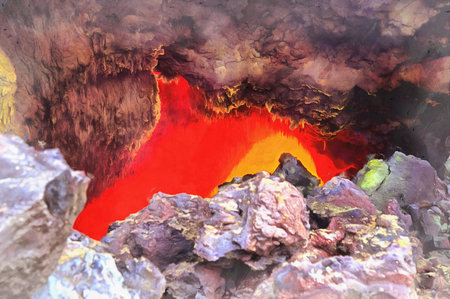 View on Tolbachik volcano colorful painting, Kamchatka Peninsula, Russia.