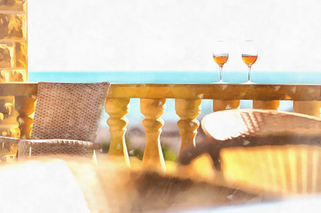Beautiful scene with wine glasses standing alone on natural sky and seashore background