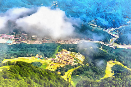 Beautiful mountain landscape at Caucasus mountains colorful painting looks like picture.