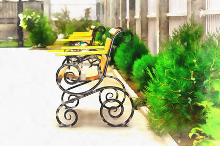 Beautiful benches with flowers close up viewの写真素材