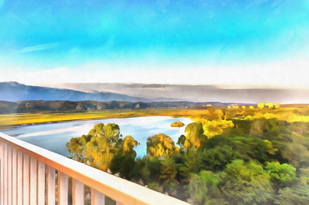 Beautiful sunset over the lake and the mountains view from balconyの写真素材