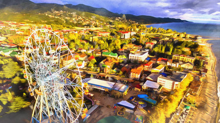 Aerial view on seashore resort area colorful painting looks like picture.の写真素材