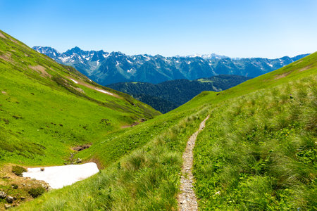 Beautiful mountain landscape with road at Caucasus mountainsの写真素材