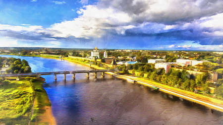 Aerial view on Pskov old town colorful painting looks like picture, Russiaの写真素材