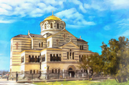 Orthodox church at Chersonese colorful painting looks like picture.の写真素材