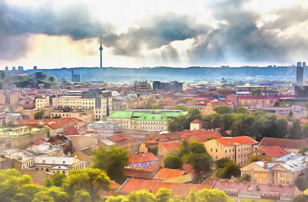 Aerial view on Vilnius colorful painting looks like picture, Lithuania.の写真素材
