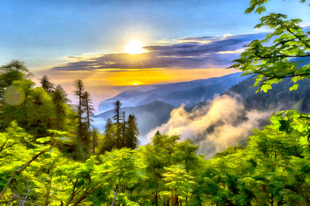 Scenery mountain landscape at Caucasus mountains colorful painting.の写真素材