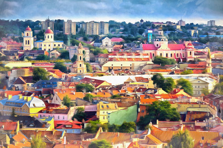 Aerial view on Vilnius colorful painting looks like picture, Lithuania.の写真素材