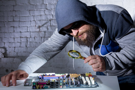 Bearded hacker in sunglasses and hoodie cracking the hardwareの写真素材