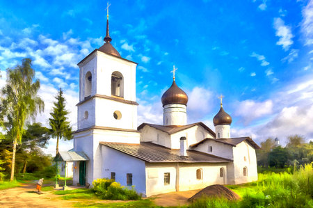 View on old orthodox church building colorful painting, Pskov, Russiaの写真素材