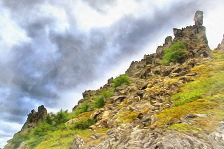 Beautiful mountain landscape at Polar Urals colorful paintingの写真素材
