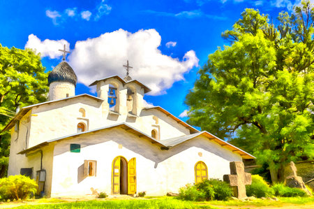 View on old orthodox church building colorful paintingの写真素材