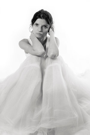 Young woman in tulle dress monochrome portrait.の写真素材