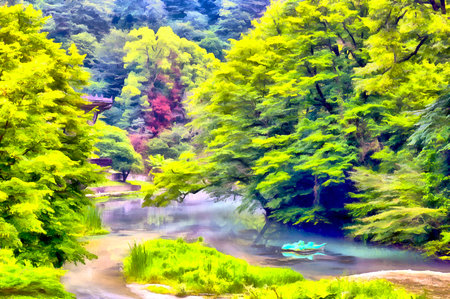 Beautiful landscape with pavilion on the waterの写真素材