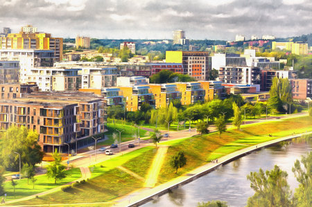 Aerial view on Vilnius colorful painting looks like picture, Lithuania.の写真素材