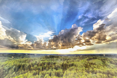 Aerial view on forest plain with sunset sky colorful paintingの写真素材