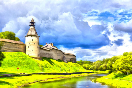 Summer view on Pskov Kremlin colorful painting, Pskov, Russiaの写真素材