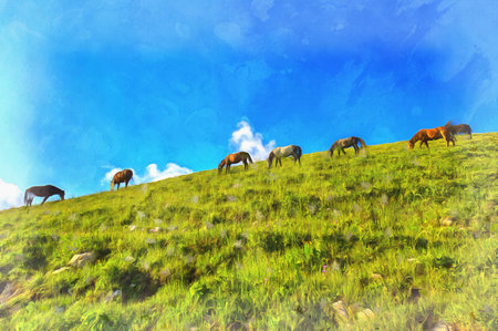 Scenery mountain landscape at Caucasus mountains colorful painting.の写真素材