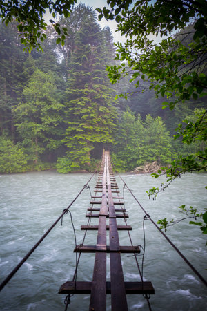 Scene with mountain river and suspension bridgeの写真素材