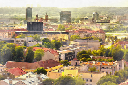 Aerial view on Vilnius colorful painting looks like picture, Lithuania.の写真素材