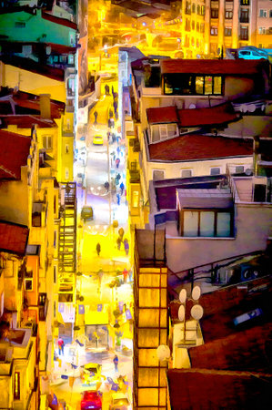 Beautiful night cityscape of Istanbul colorful painting looks like picture, Turkeyの写真素材