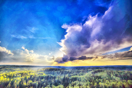 Aerial view on forest plain with sunset sky colorful paintingの写真素材