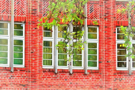 Vintage brick wall with windows close up viewの写真素材