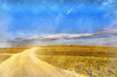 Beautiful tundra landscape with a roadの写真素材