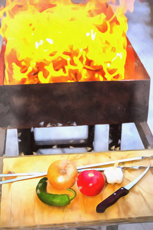 Beautiful scene with grill fire colorful painting looks like picture.の写真素材