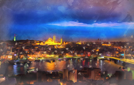 Beautiful night cityscape of Istanbul colorful painting looks like picture, Turkey.の写真素材
