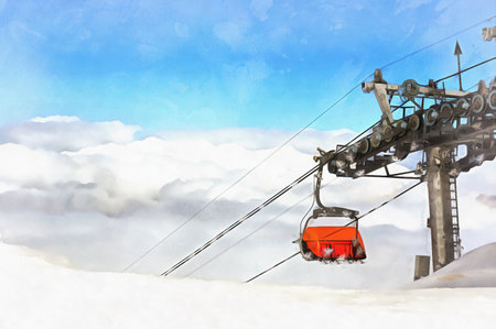 Beautiful winter mountain landscape at ski resort with elevatoの写真素材