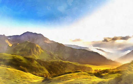 Scenery mountain landscape at Caucasus mountains colorful paintingの写真素材