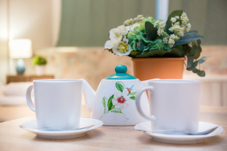 Scene with table served for tea ceremonyの写真素材