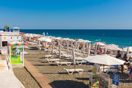 RUSSIA, SOCHI - SEPTEMBER 13, 2019: New embankment in Adler is very suitable for comfort summer leisure on seasideのeditorial素材