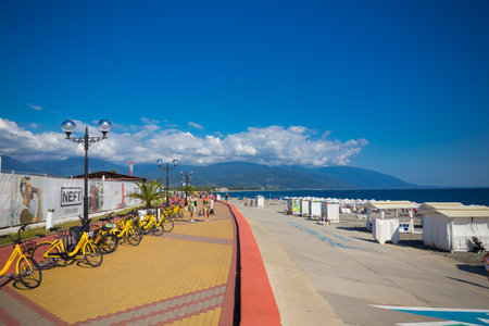 RUSSIA, SOCHI - SEPTEMBER 13, 2019: New embankment in Adler is very suitable for comfort summer leisure on seasideのeditorial素材